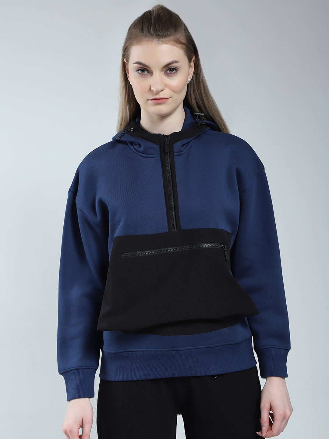 Rock.it Women Navy Blue Solid Hooded Full Sleeve Sweatshirt