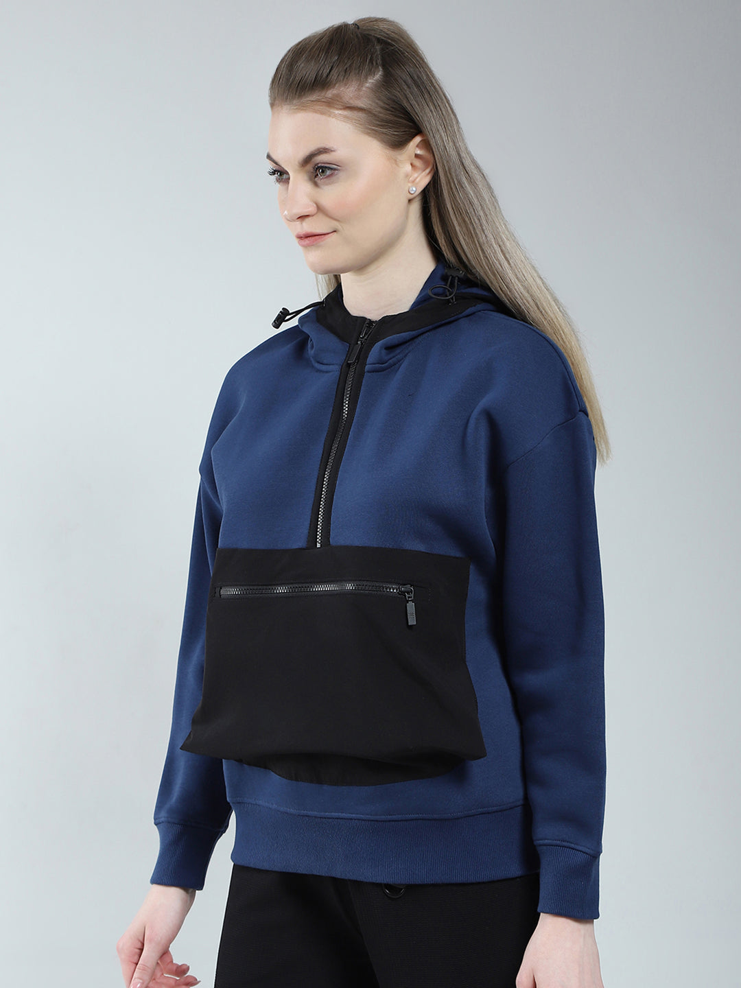 Rock.it Women Navy Blue Solid Hooded Full Sleeve Sweatshirt