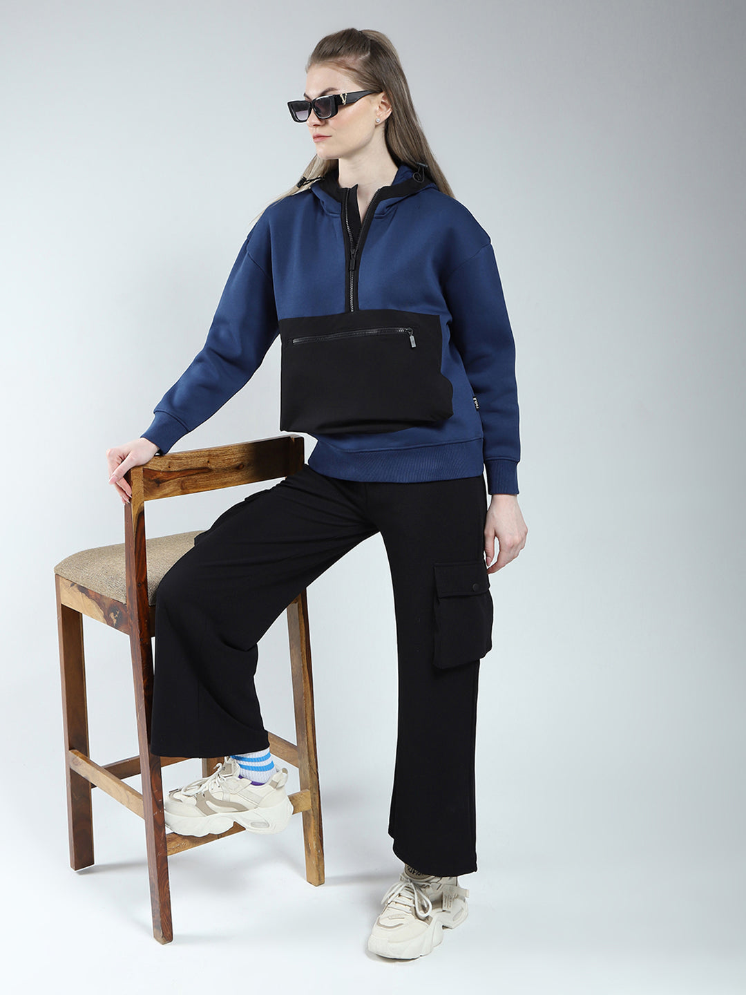 Rock.it Women Navy Blue Solid Hooded Full Sleeve Sweatshirt