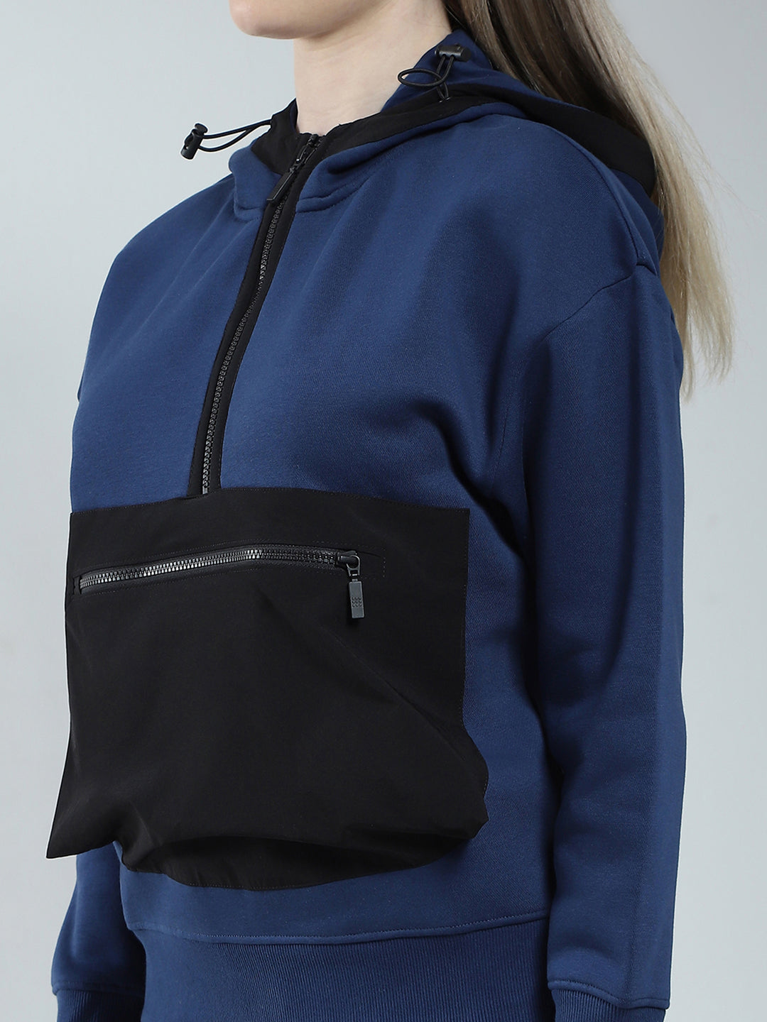 Rock.it Women Navy Blue Solid Hooded Full Sleeve Sweatshirt