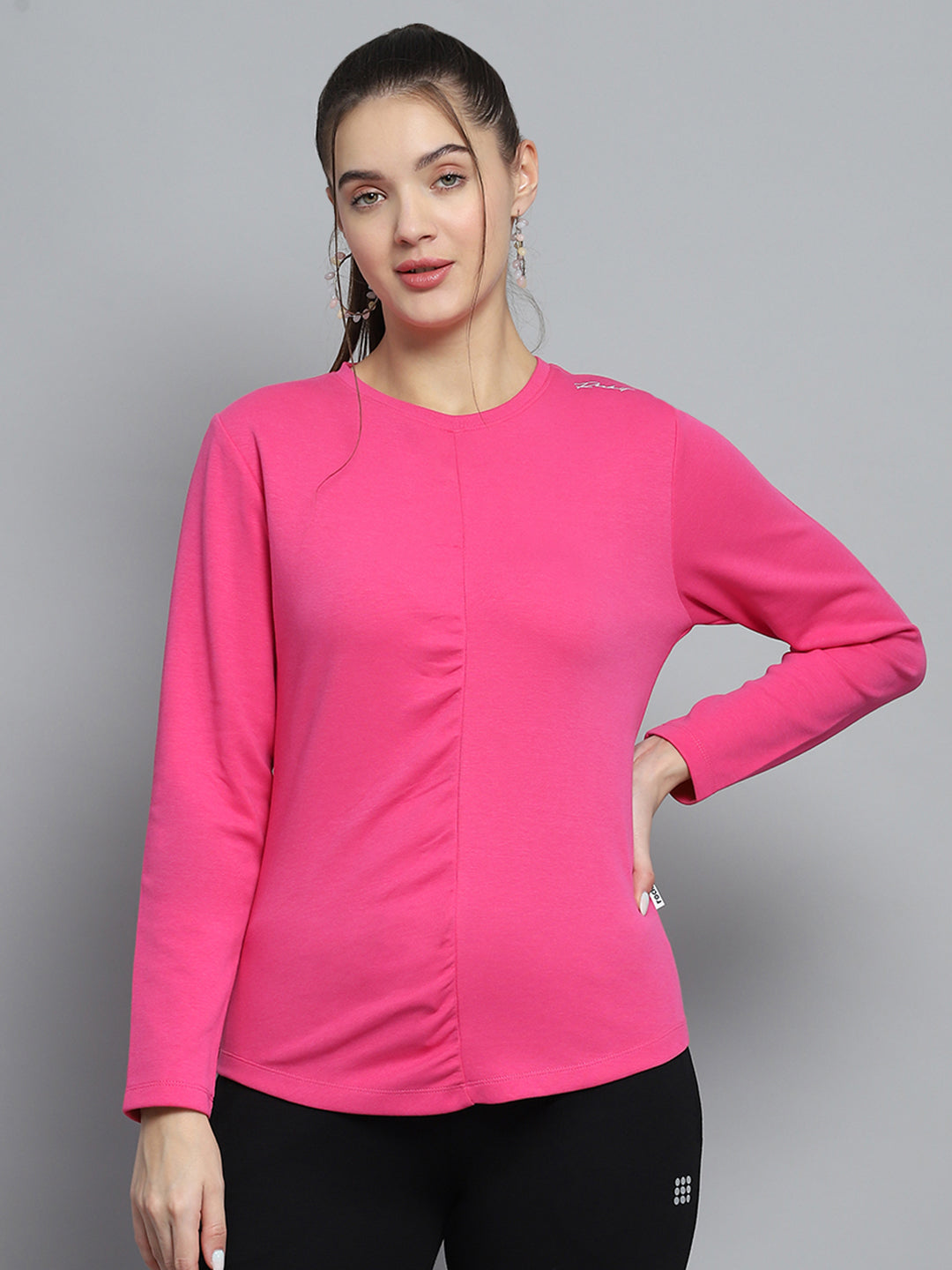 Rock.it Women Pink Solid Round Neck Full Sleeve Winter Tops