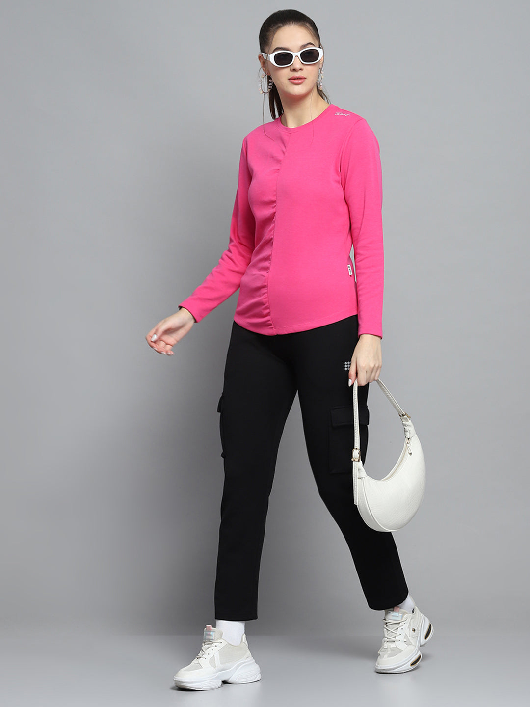 Rock.it Women Pink Solid Round Neck Full Sleeve Winter Tops