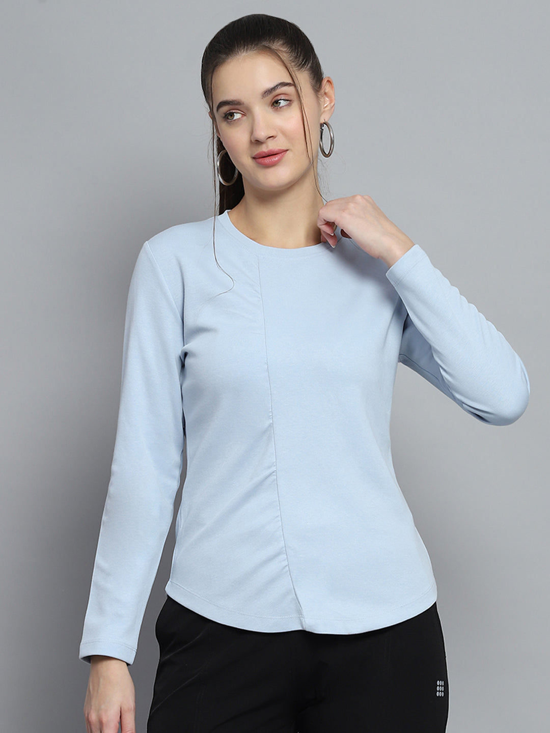 Rock.it Women Blue Solid Round Neck Full Sleeve Winter Tops