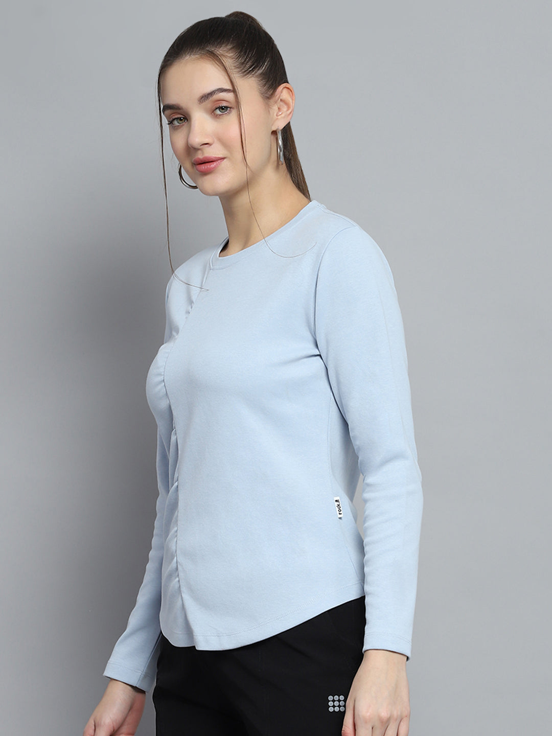 Rock.it Women Blue Solid Round Neck Full Sleeve Winter Tops