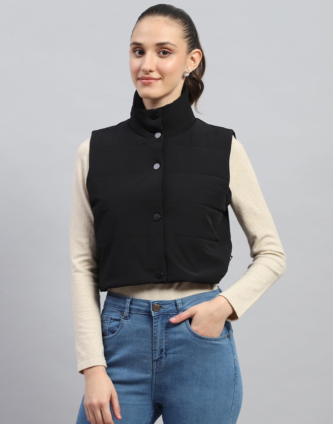 Rock.it Women Black Solid Mock Neck Sleeveless Jacket