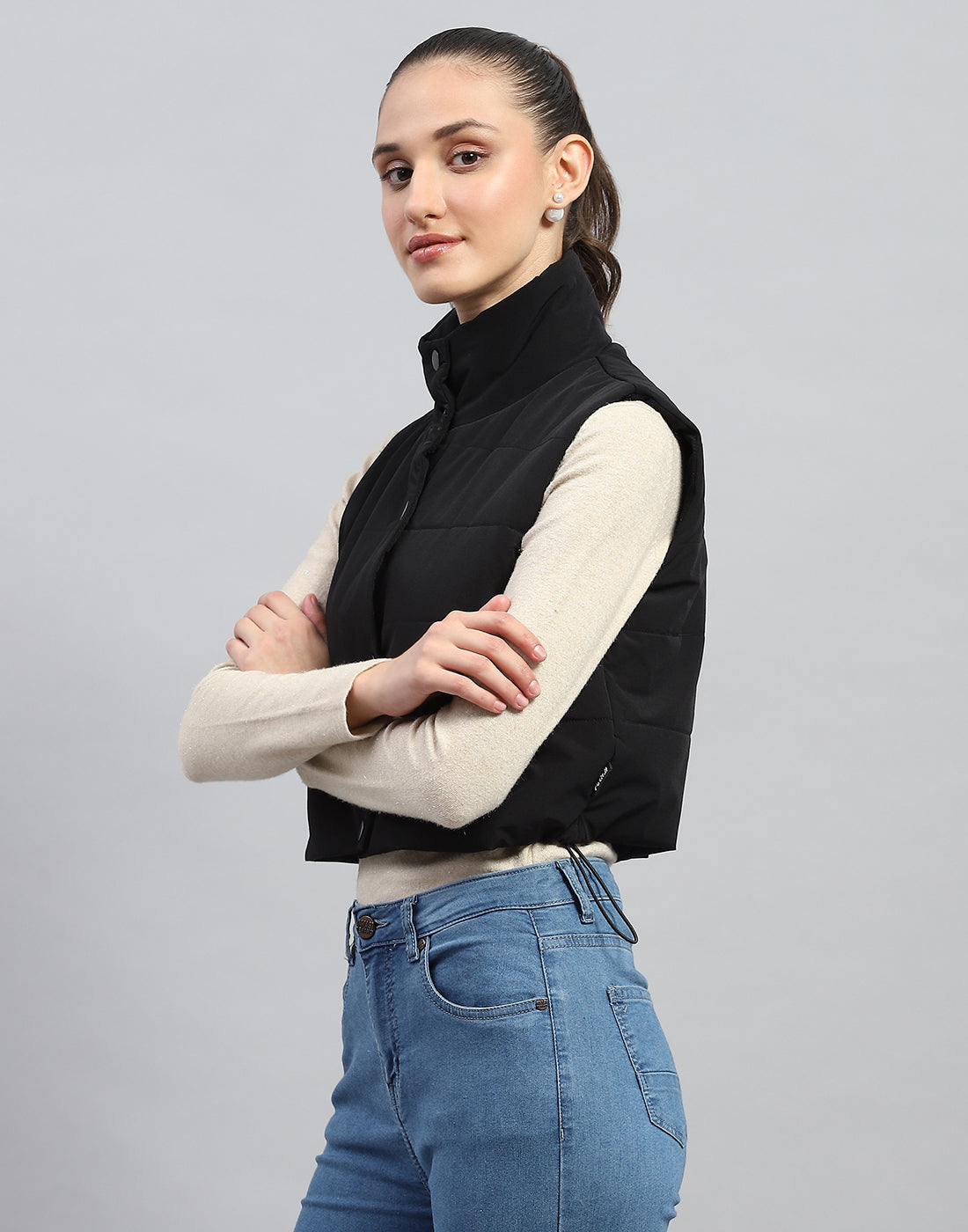 Rock.it Women Black Solid Mock Neck Sleeveless Jacket