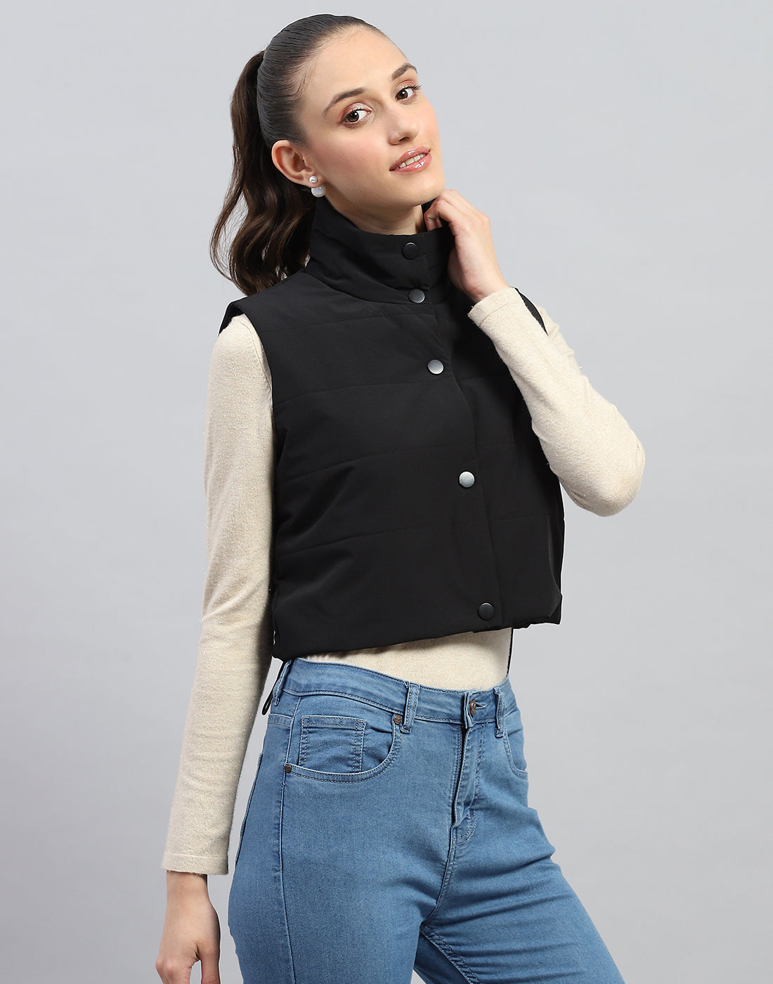 Rock.it Women Black Solid Mock Neck Sleeveless Jacket
