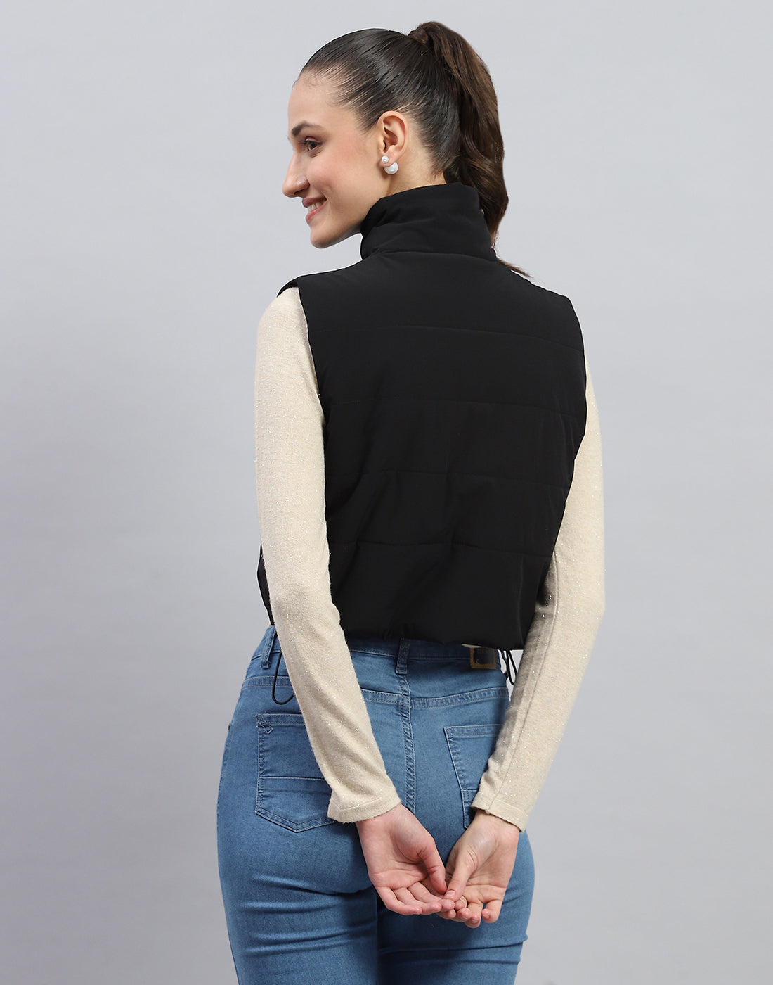 Rock.it Women Black Solid Mock Neck Sleeveless Jacket