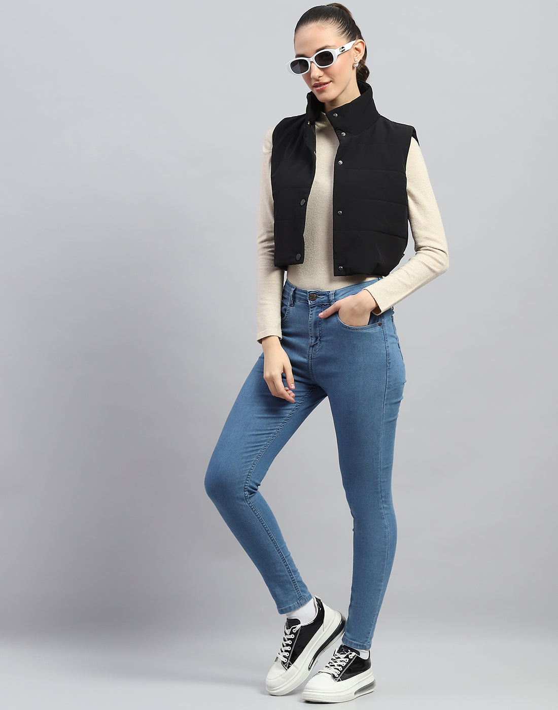 Rock.it Women Black Solid Mock Neck Sleeveless Jacket