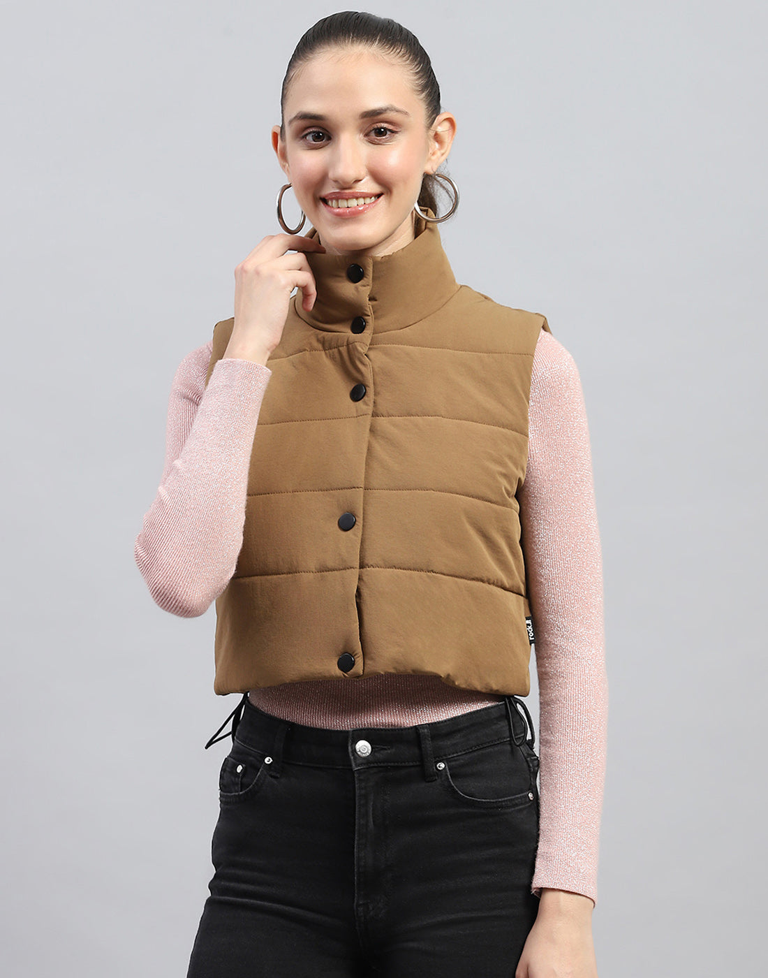 Rock.it Women Brown Solid Mock Neck Sleeveless Jacket