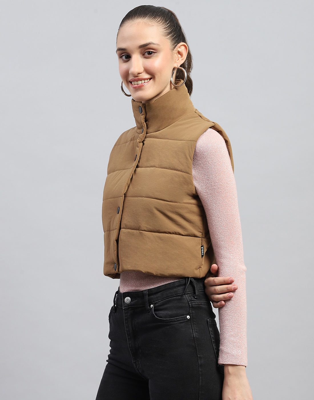 Rock.it Women Brown Solid Mock Neck Sleeveless Jacket