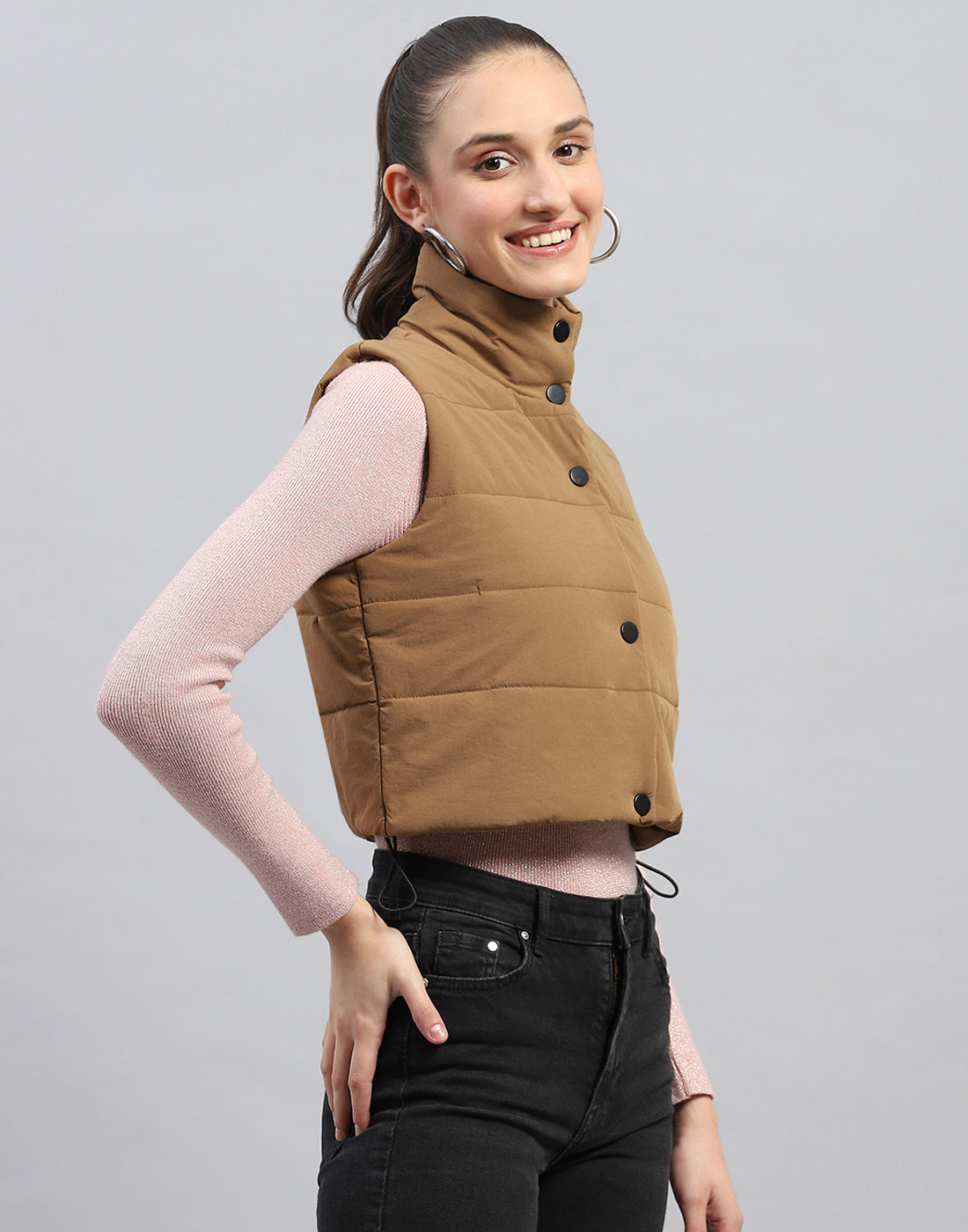 Rock.it Women Brown Solid Mock Neck Sleeveless Jacket