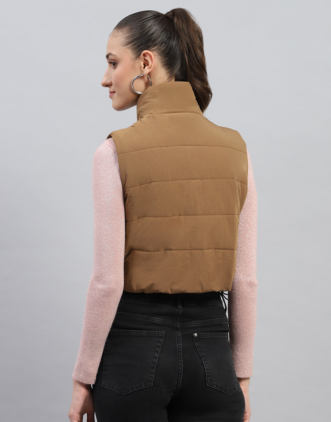 Rock.it Women Brown Solid Mock Neck Sleeveless Jacket