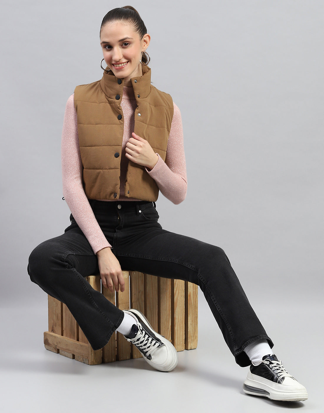 Rock.it Women Brown Solid Mock Neck Sleeveless Jacket