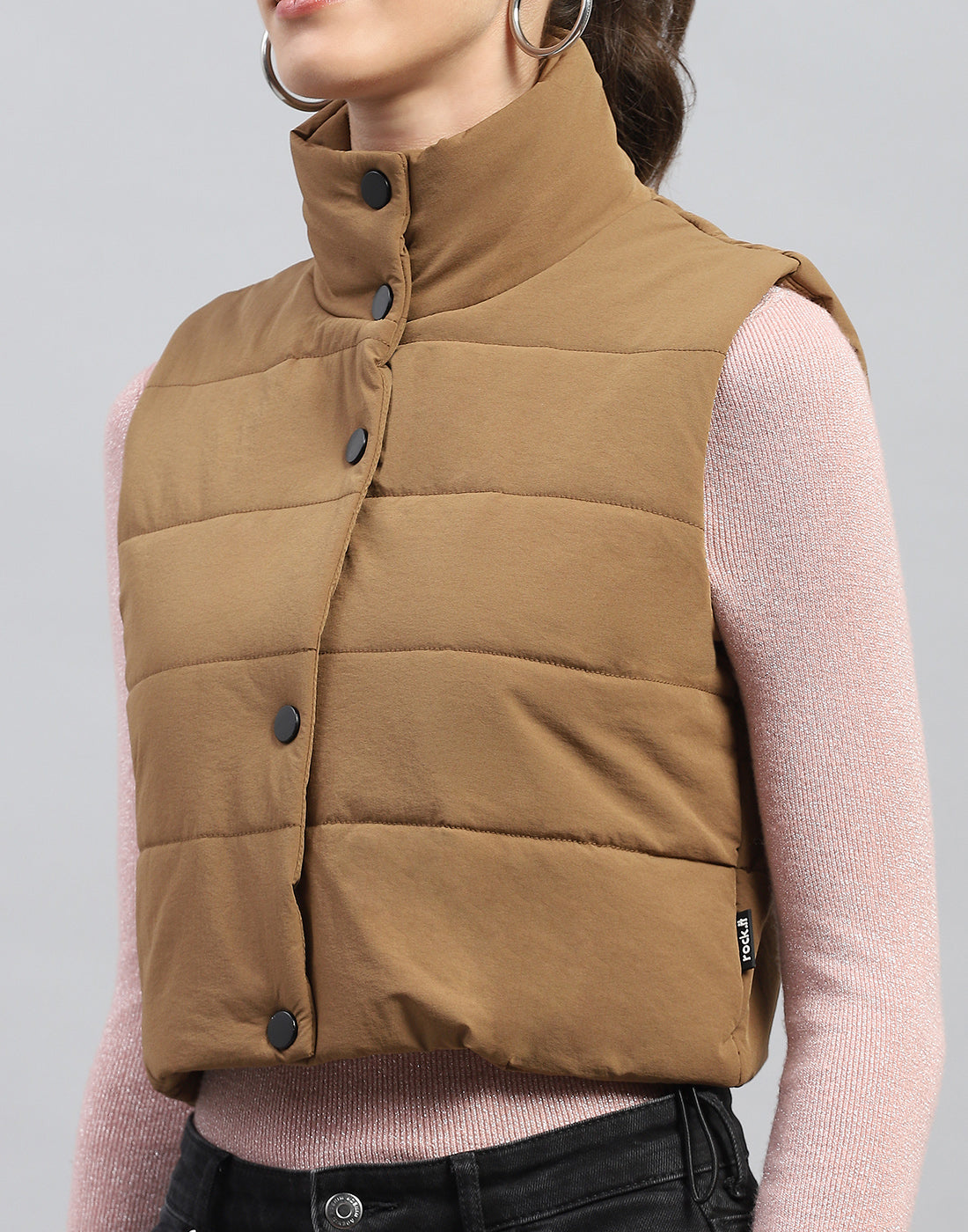 Rock.it Women Brown Solid Mock Neck Sleeveless Jacket
