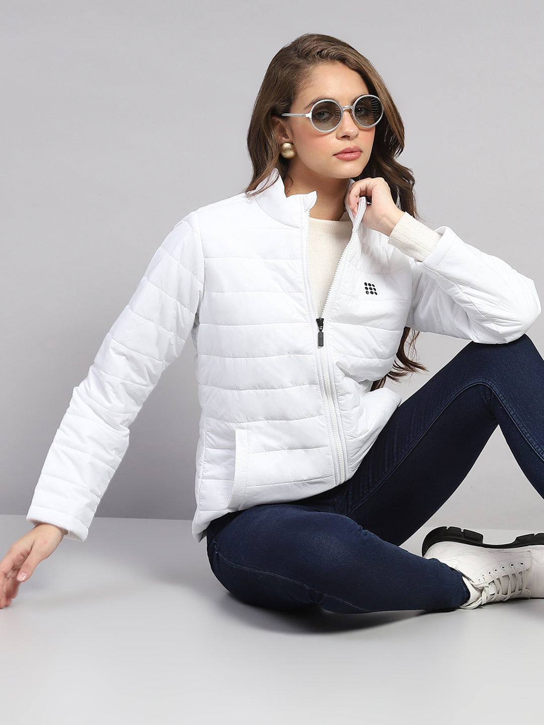 Rock.it Women White Solid Mock Neck Full Sleeve Jacket