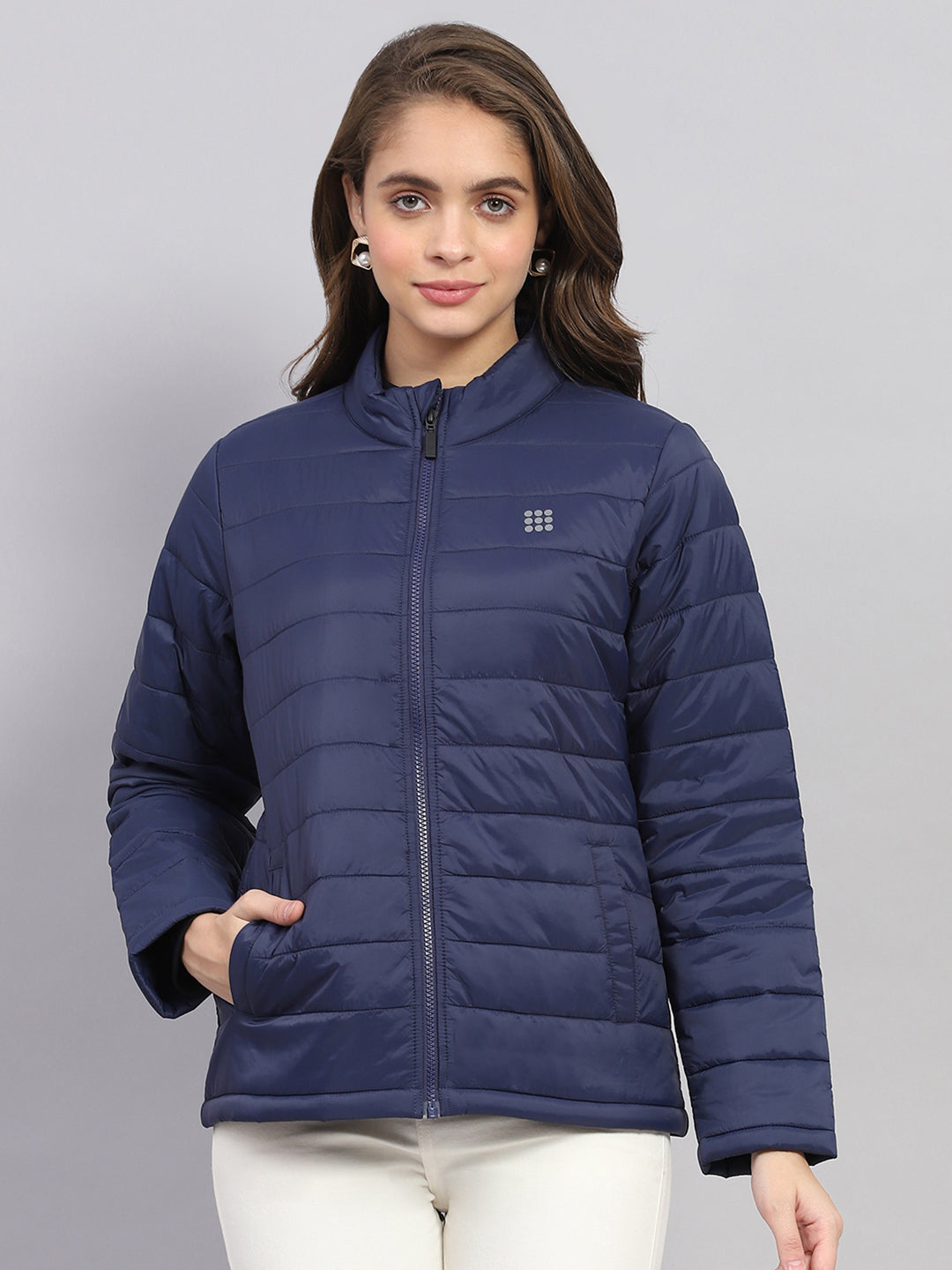 Rock.it Women Navy Blue Solid Mock Neck Full Sleeve Jacket