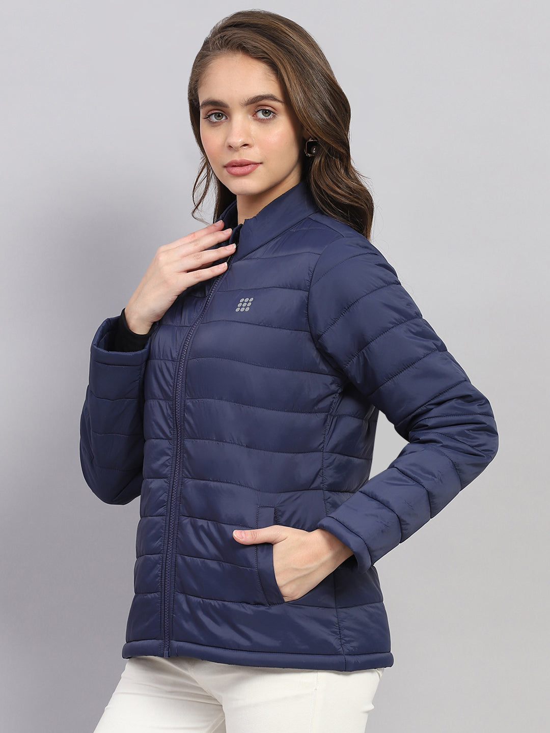 Rock.it Women Navy Blue Solid Mock Neck Full Sleeve Jacket