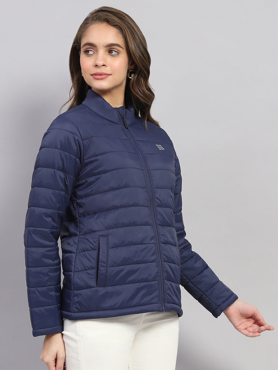 Rock.it Women Navy Blue Solid Mock Neck Full Sleeve Jacket