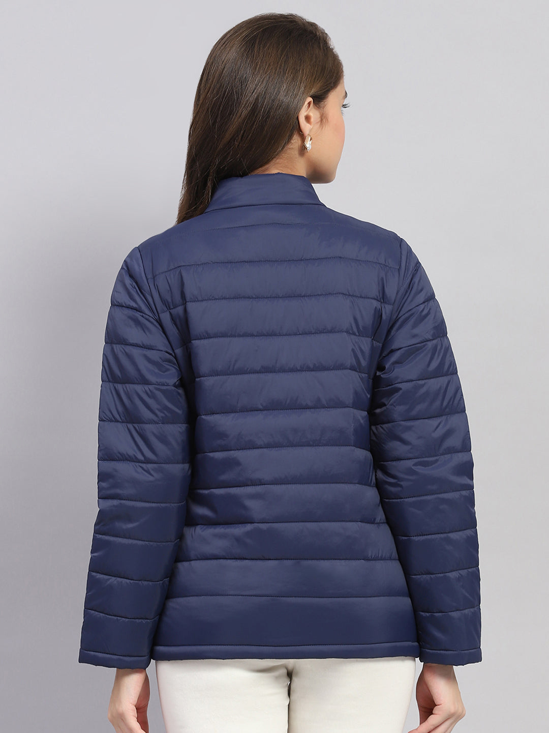 Rock.it Women Navy Blue Solid Mock Neck Full Sleeve Jacket