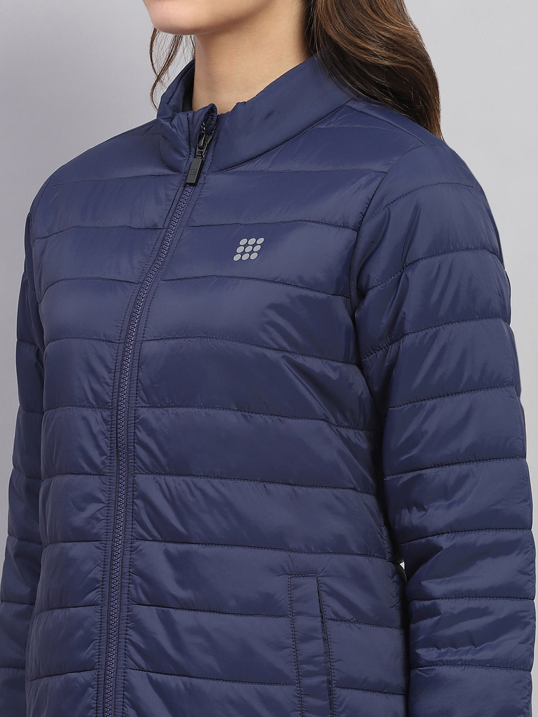 Rock.it Women Navy Blue Solid Mock Neck Full Sleeve Jacket