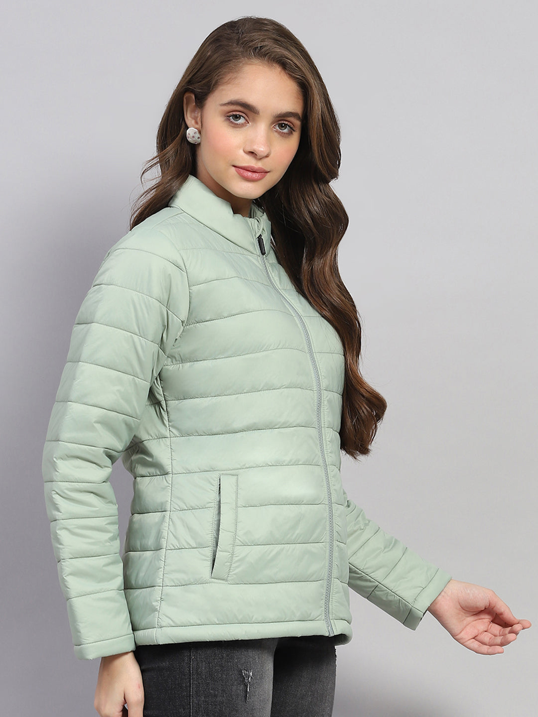 Rock.it Women Green Solid Mock Neck Full Sleeve Jacket