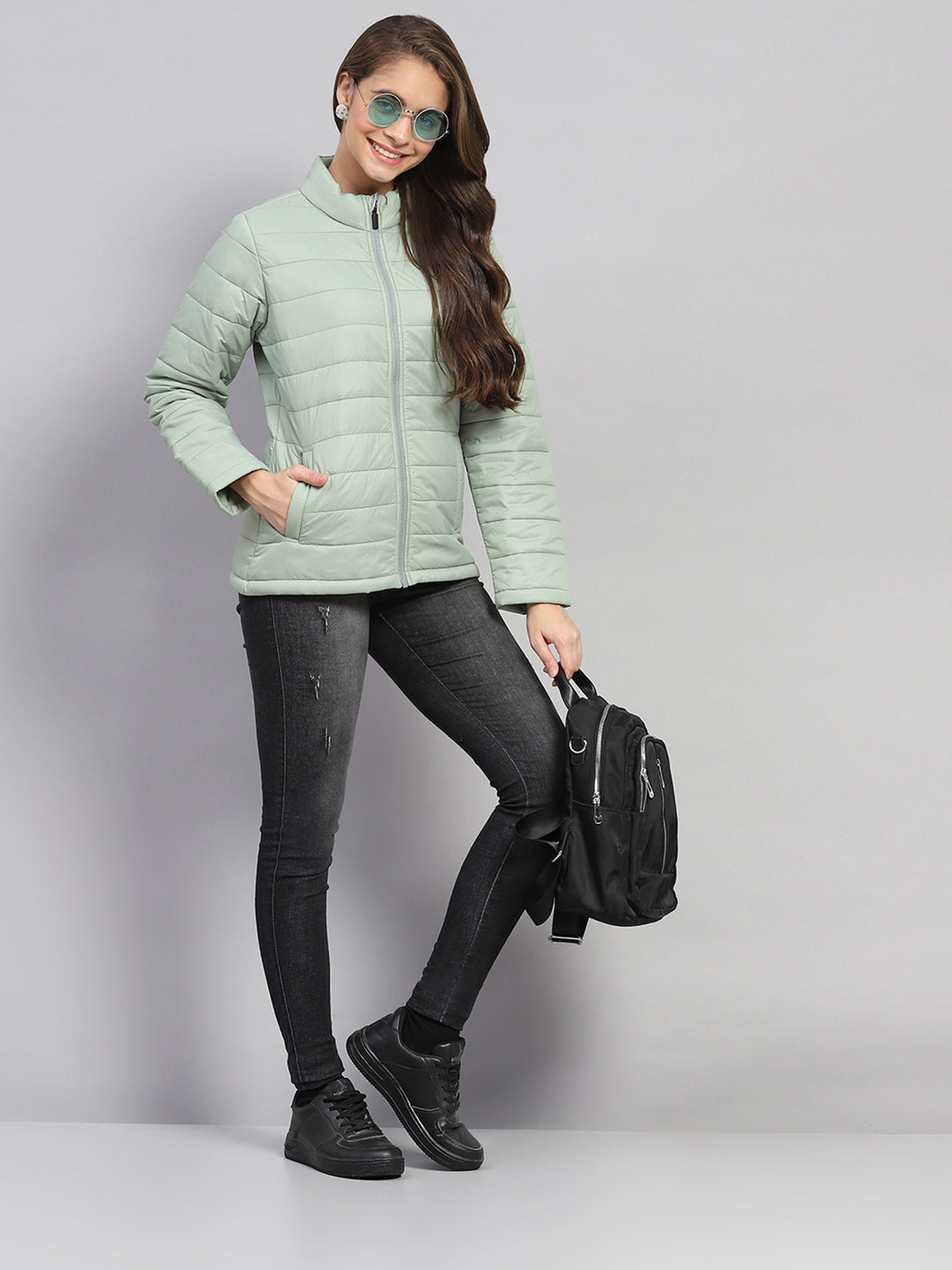 Rock.it Women Green Solid Mock Neck Full Sleeve Jacket