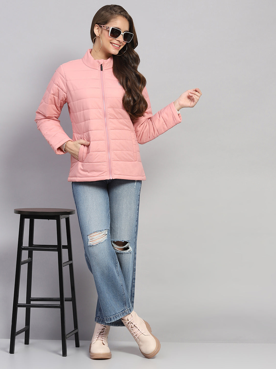 Rock.it Women Pink Solid Mock Neck Full Sleeve Jacket