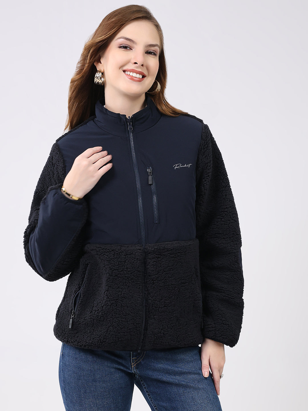 Rock.it Women Navy Blue Solid Mock Neck Full Sleeve Reversible Jacket