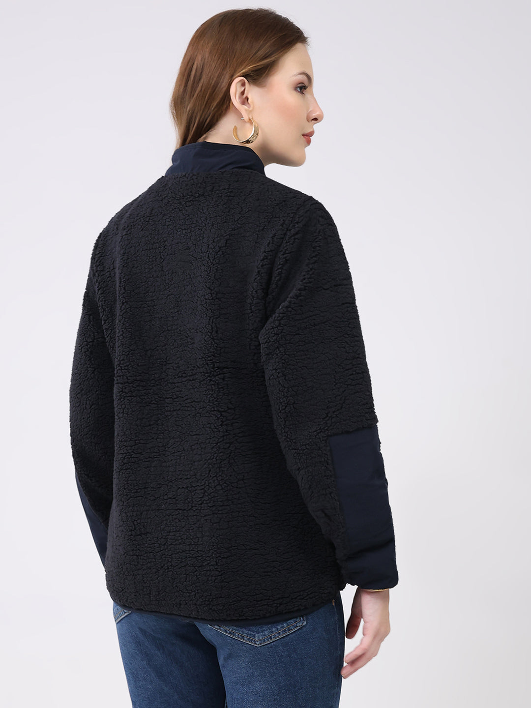 Rock.it Women Navy Blue Solid Mock Neck Full Sleeve Reversible Jacket