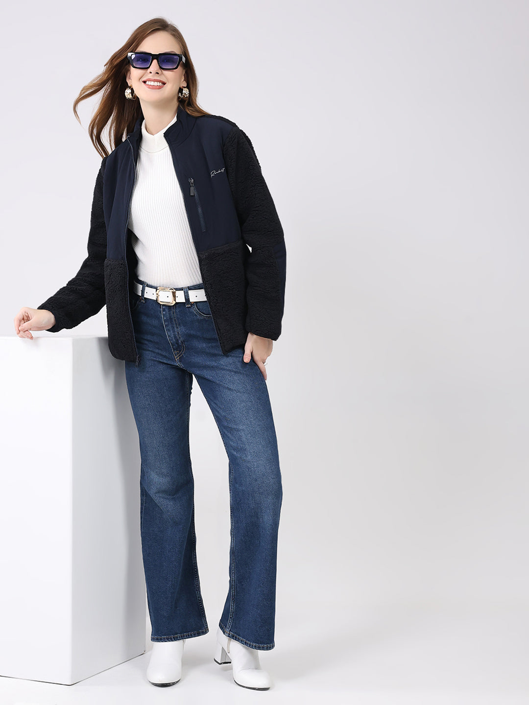 Rock.it Women Navy Blue Solid Mock Neck Full Sleeve Reversible Jacket