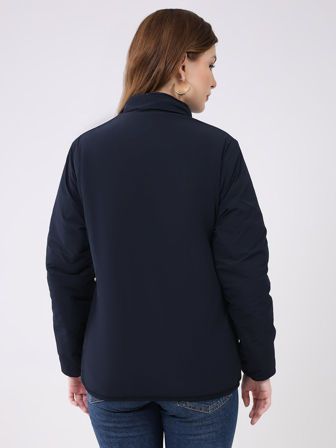 Rock.it Women Navy Blue Solid Mock Neck Full Sleeve Reversible Jacket