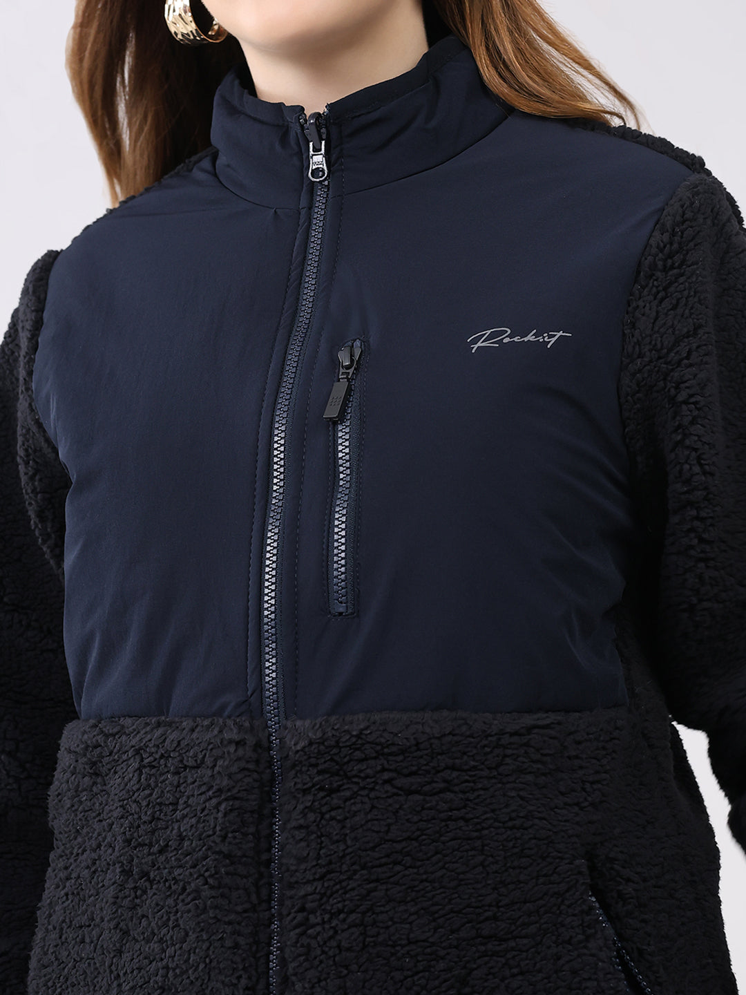 Rock.it Women Navy Blue Solid Mock Neck Full Sleeve Reversible Jacket