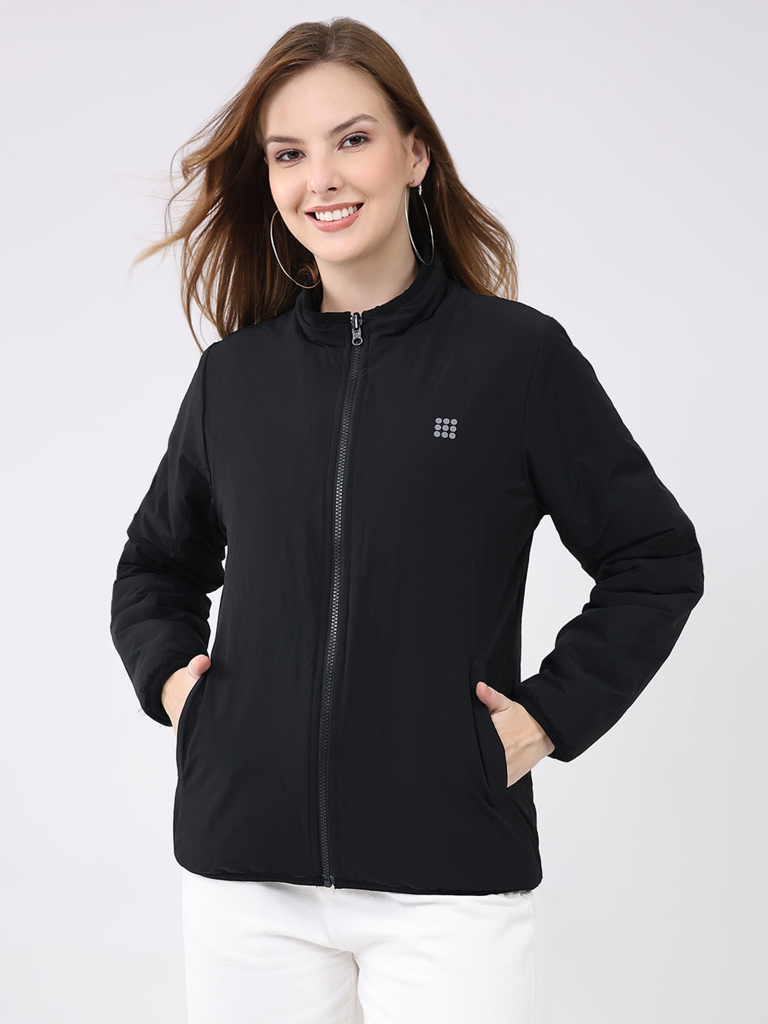 Rock.it Women Black Solid Mock Neck Full Sleeve Reversible Jacket