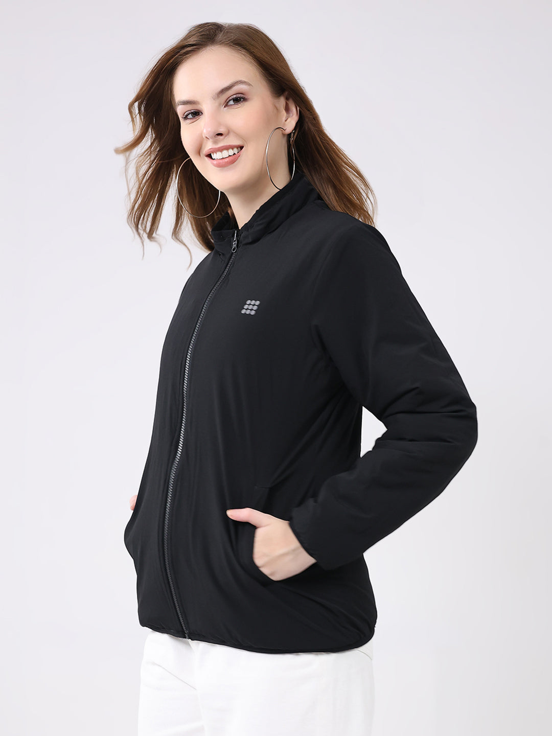 Rock.it Women Black Solid Mock Neck Full Sleeve Reversible Jacket