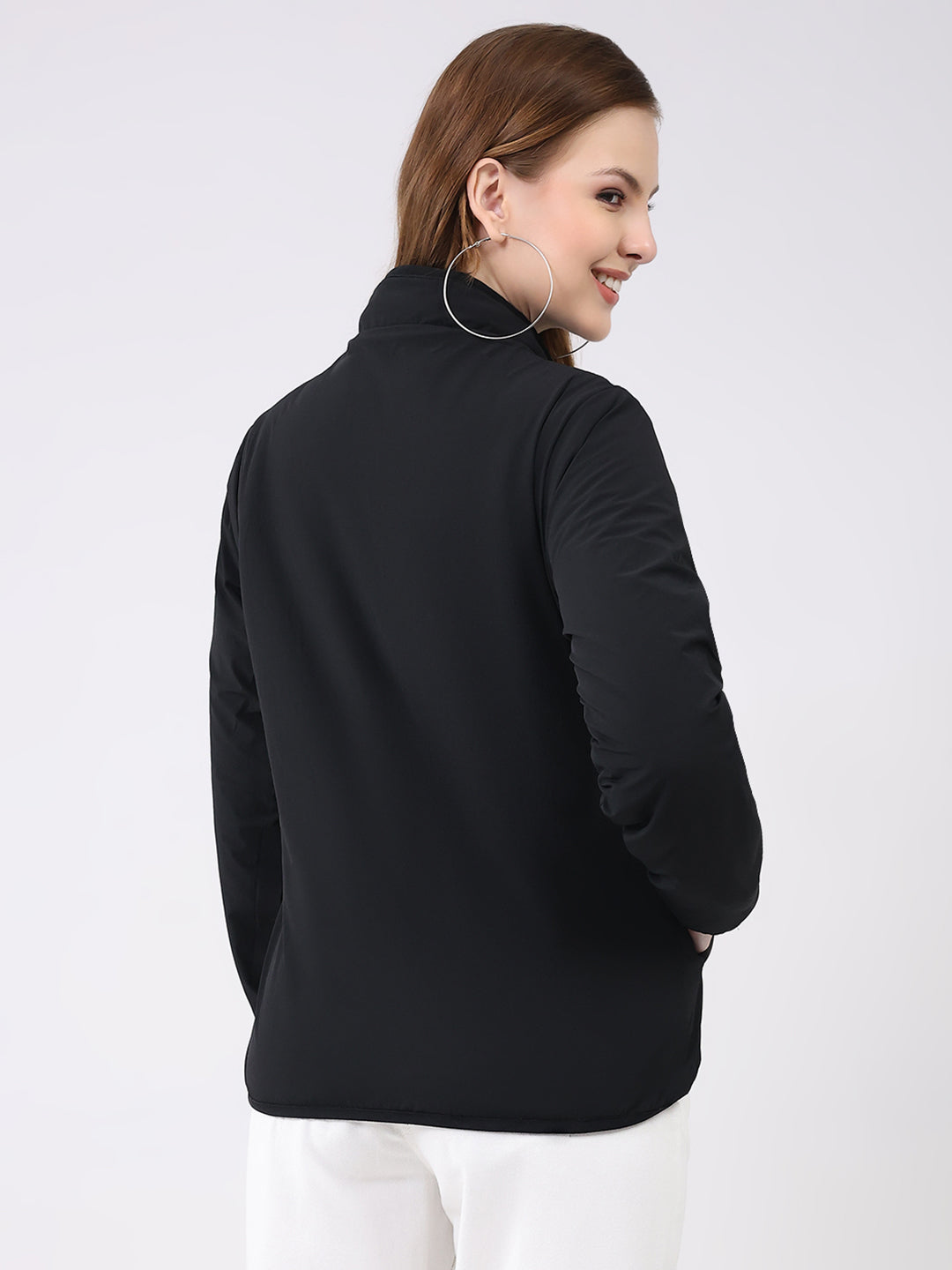 Rock.it Women Black Solid Mock Neck Full Sleeve Reversible Jacket