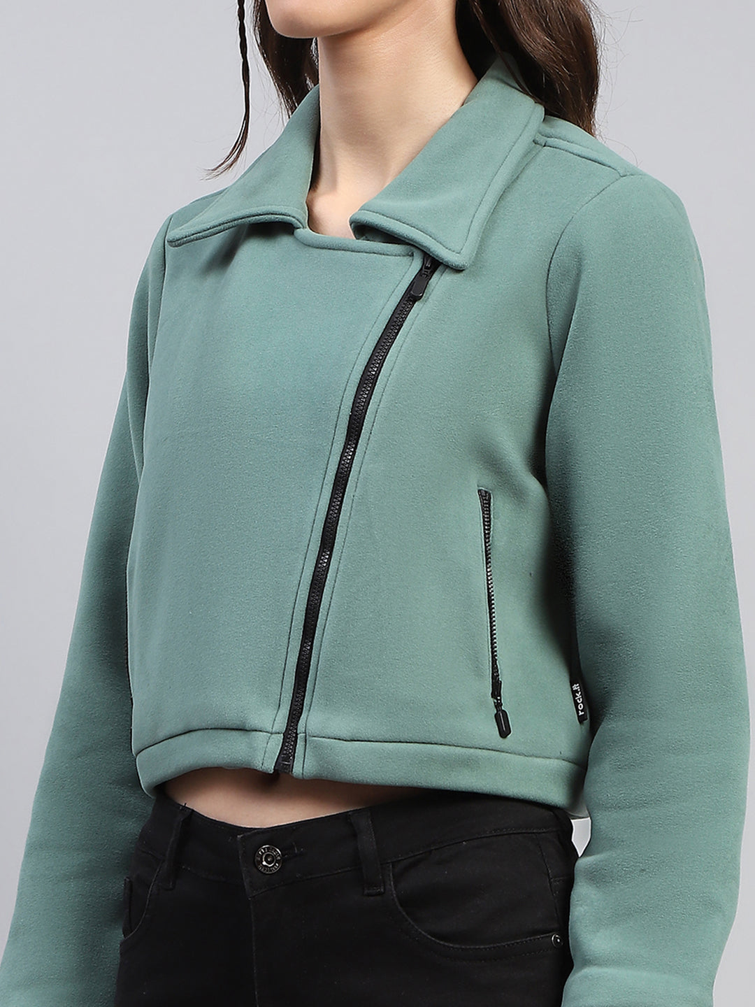 Rock.it Women Green Solid Collar Full Sleeve Jacket