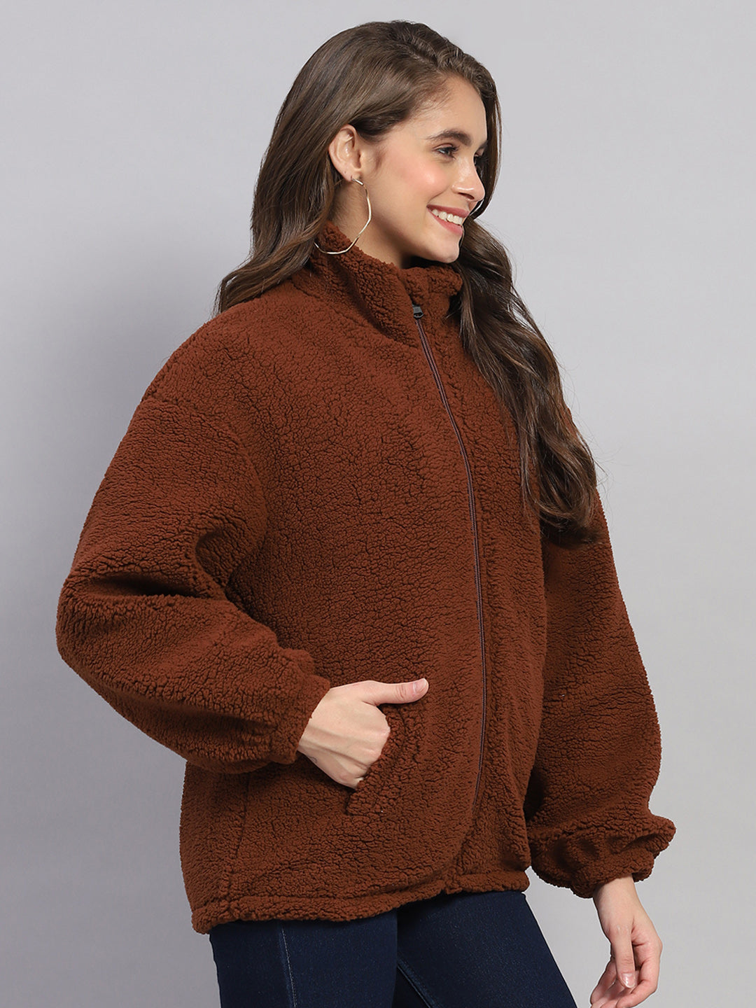 Rock.it Women Rust Solid Mock Neck Full Sleeve Jacket