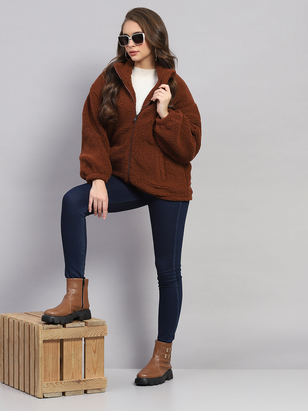 Rock.it Women Rust Solid Mock Neck Full Sleeve Jacket