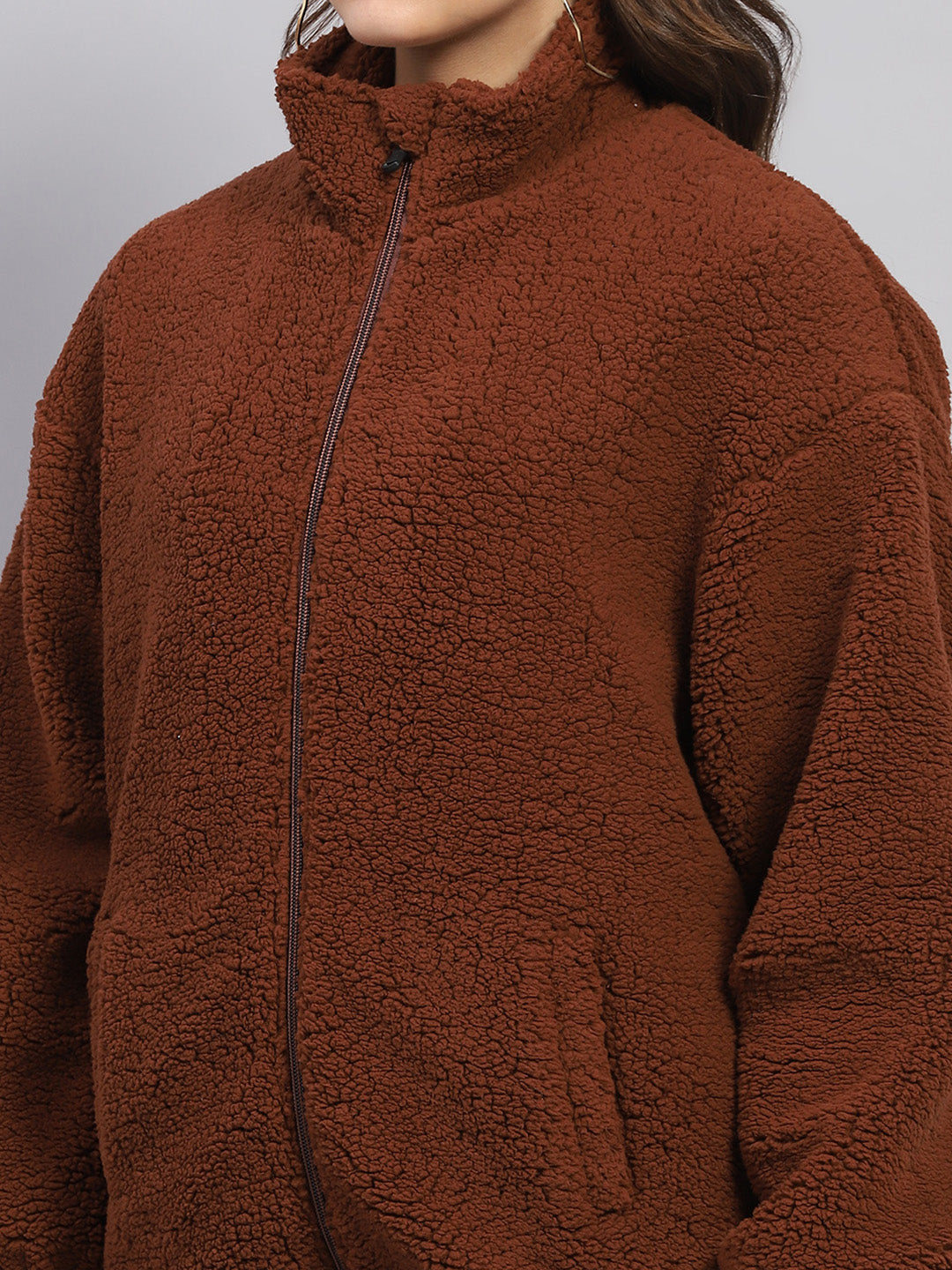 Rock.it Women Rust Solid Mock Neck Full Sleeve Jacket