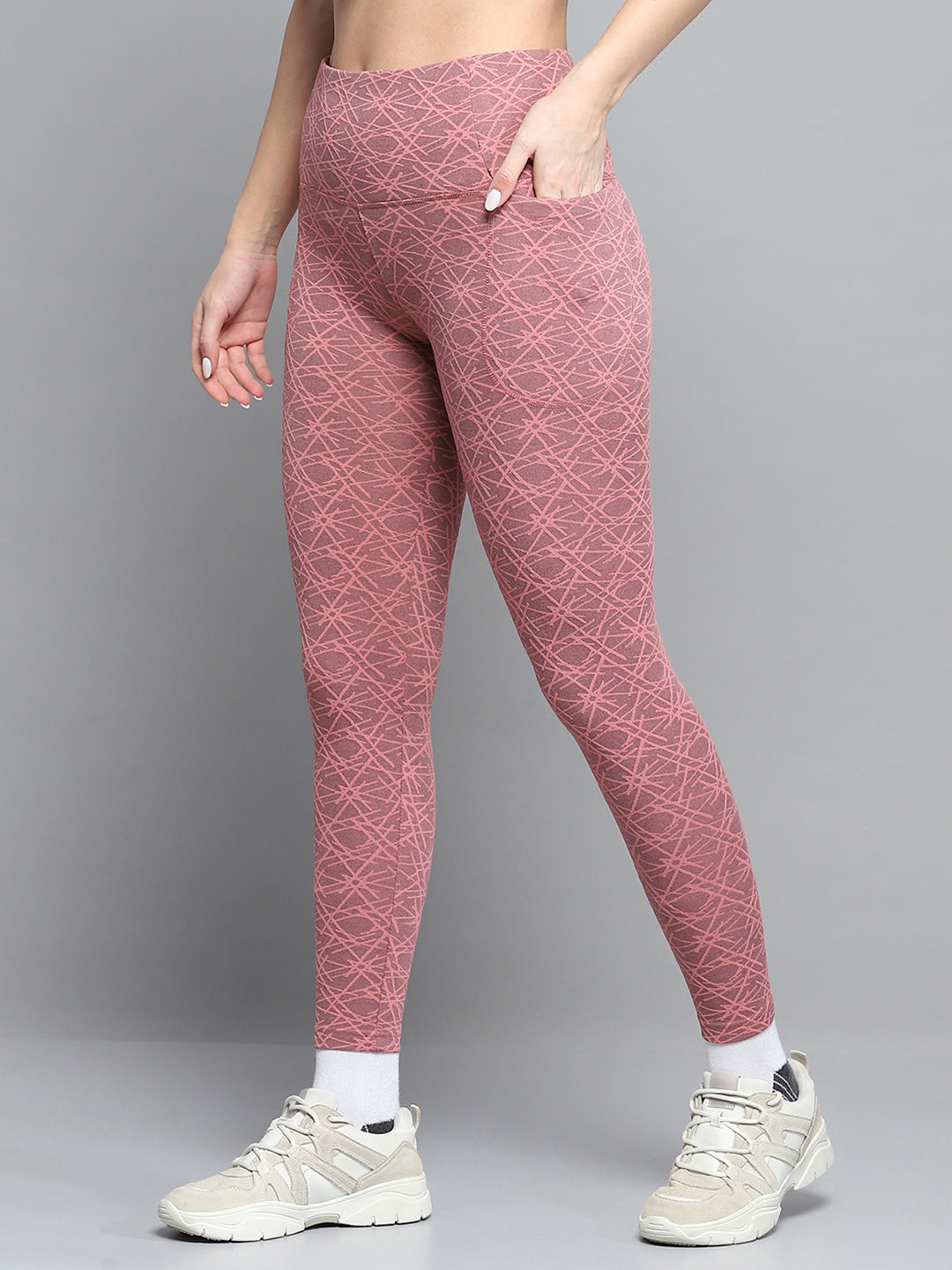 Rock.it Women Peach Self Design Round Neck Full Sleeve Tracksuit