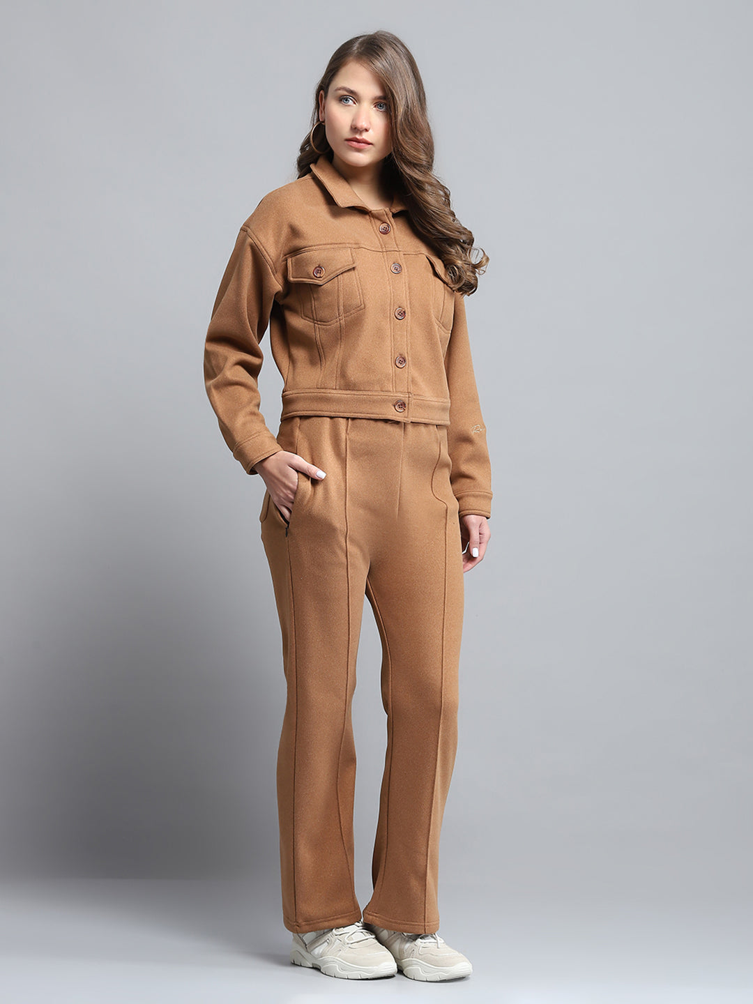 Rock.it Women Brown Solid Collar Full Sleeve Tracksuit