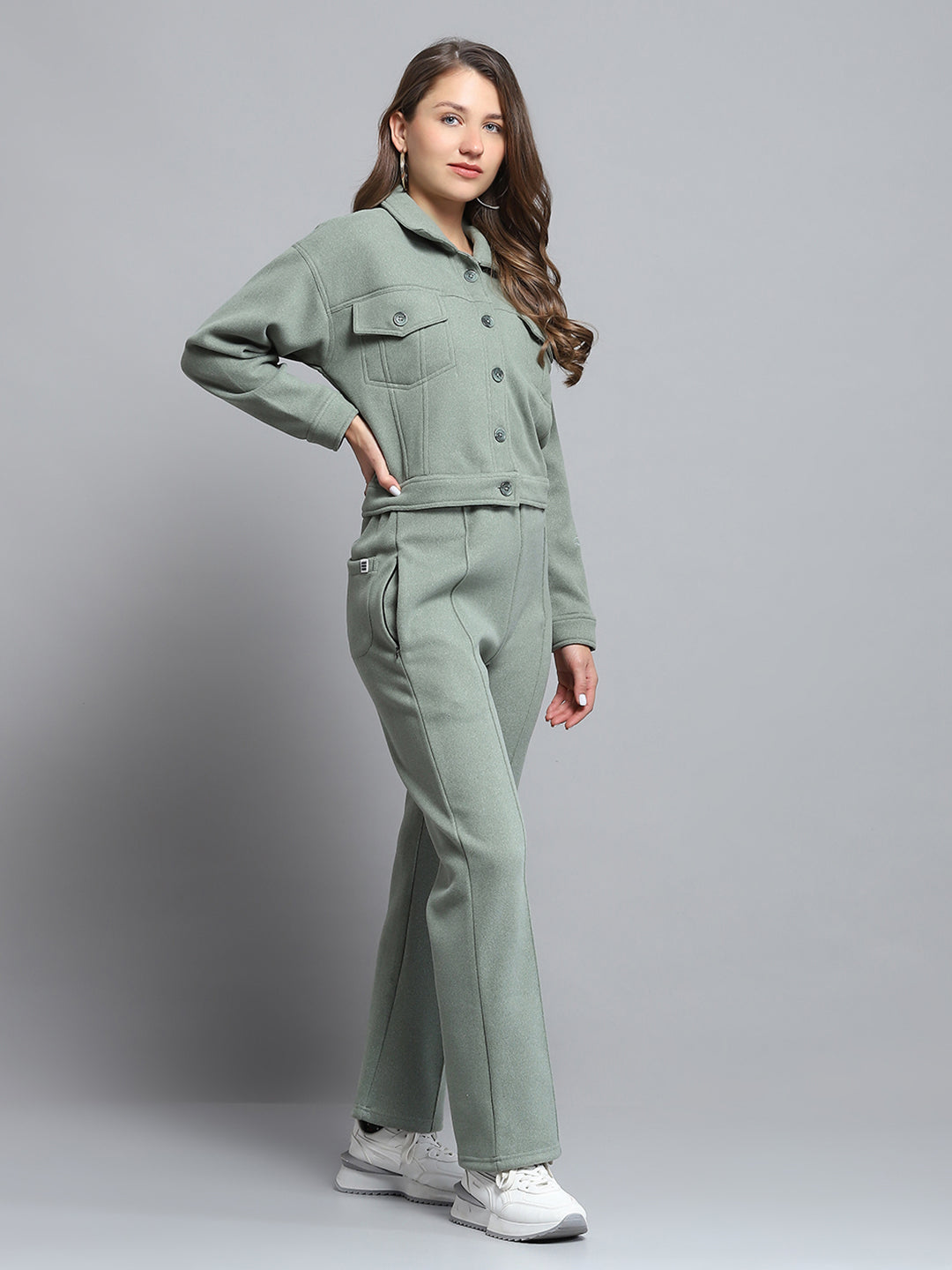 Rock.it Women Green Solid Collar Full Sleeve Tracksuit