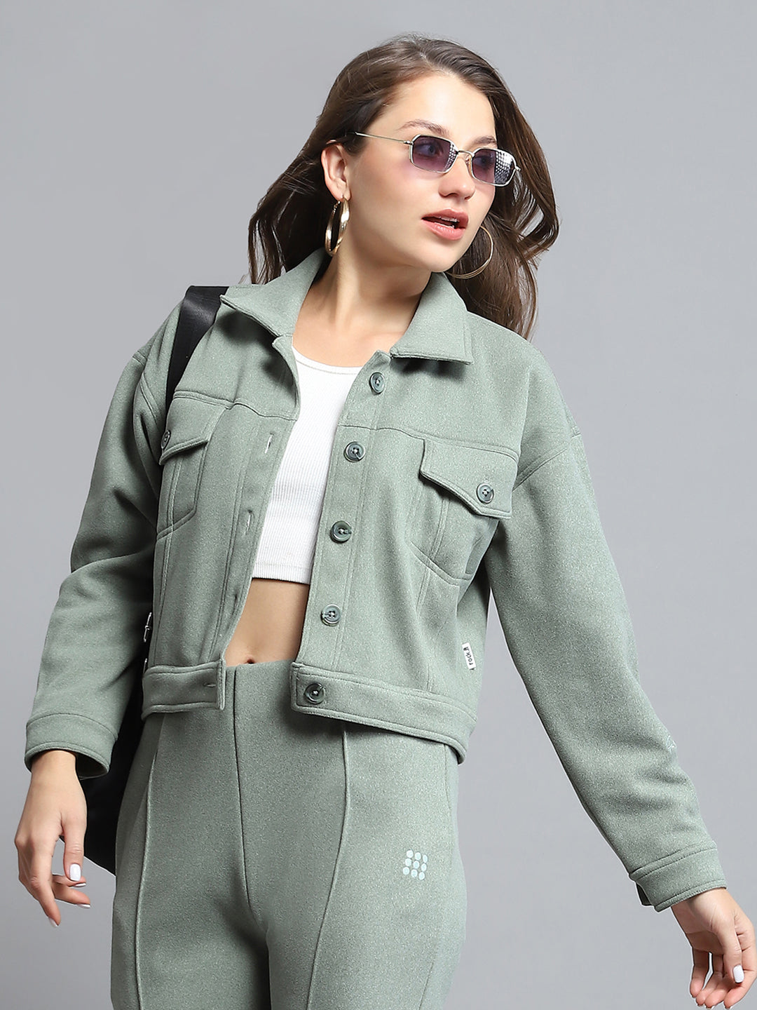 Rock.it Women Green Solid Collar Full Sleeve Tracksuit