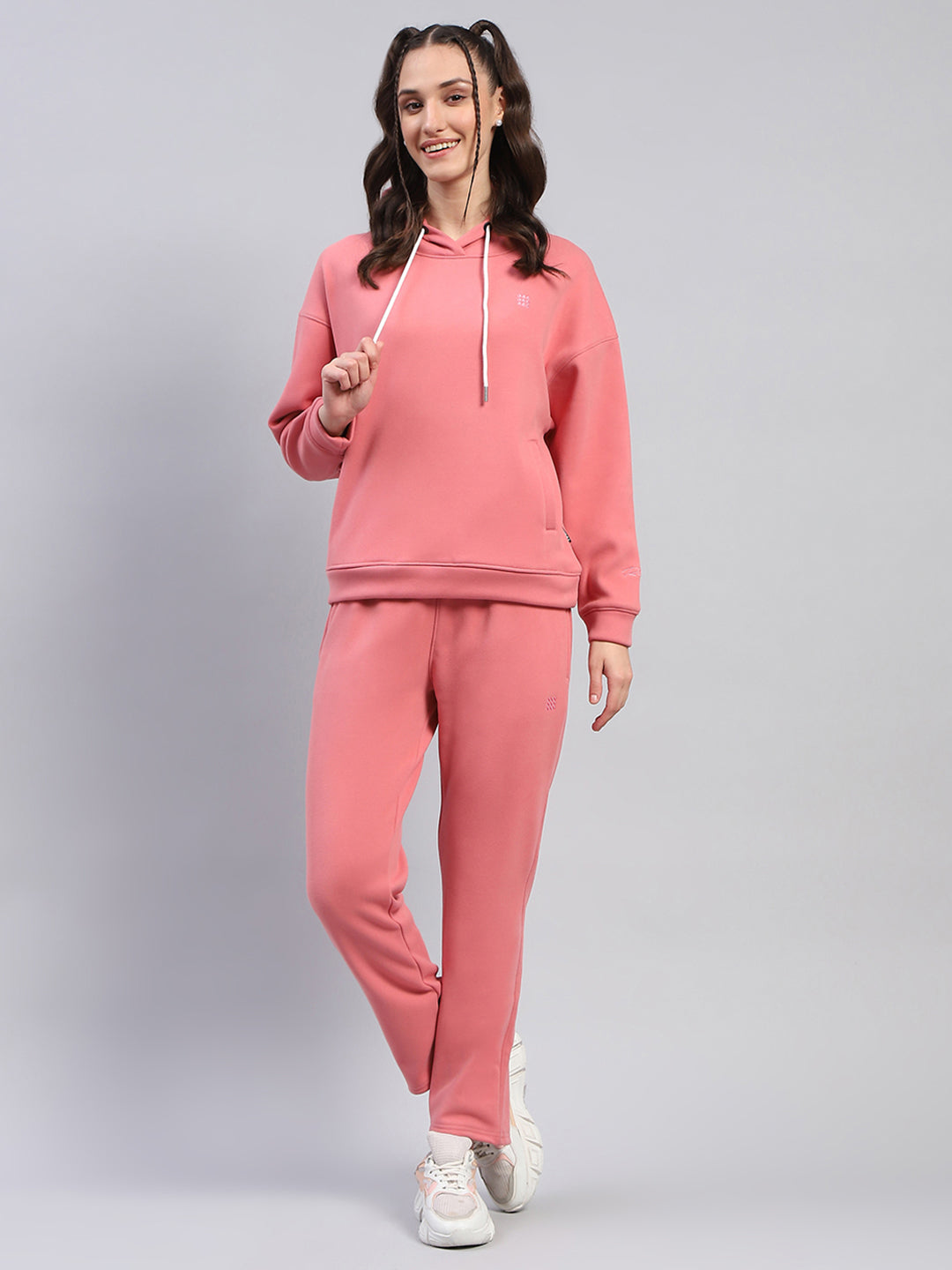 Rock.it Women Peach Solid Hooded Full Sleeve Tracksuit