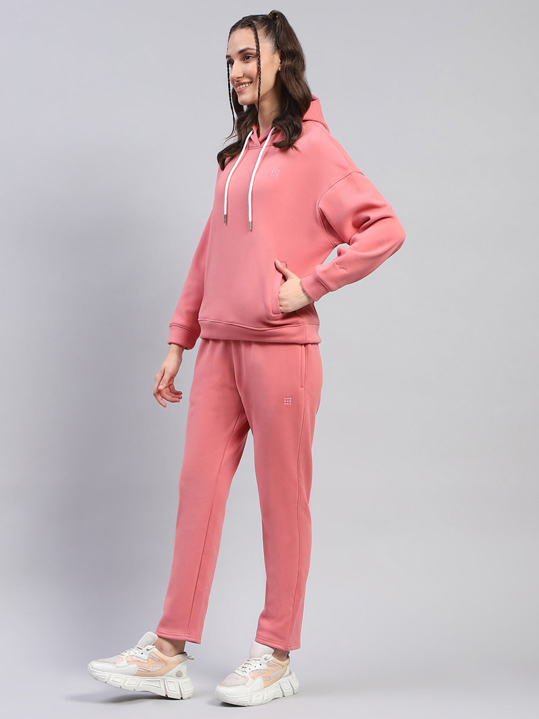 Rock.it Women Peach Solid Hooded Full Sleeve Tracksuit