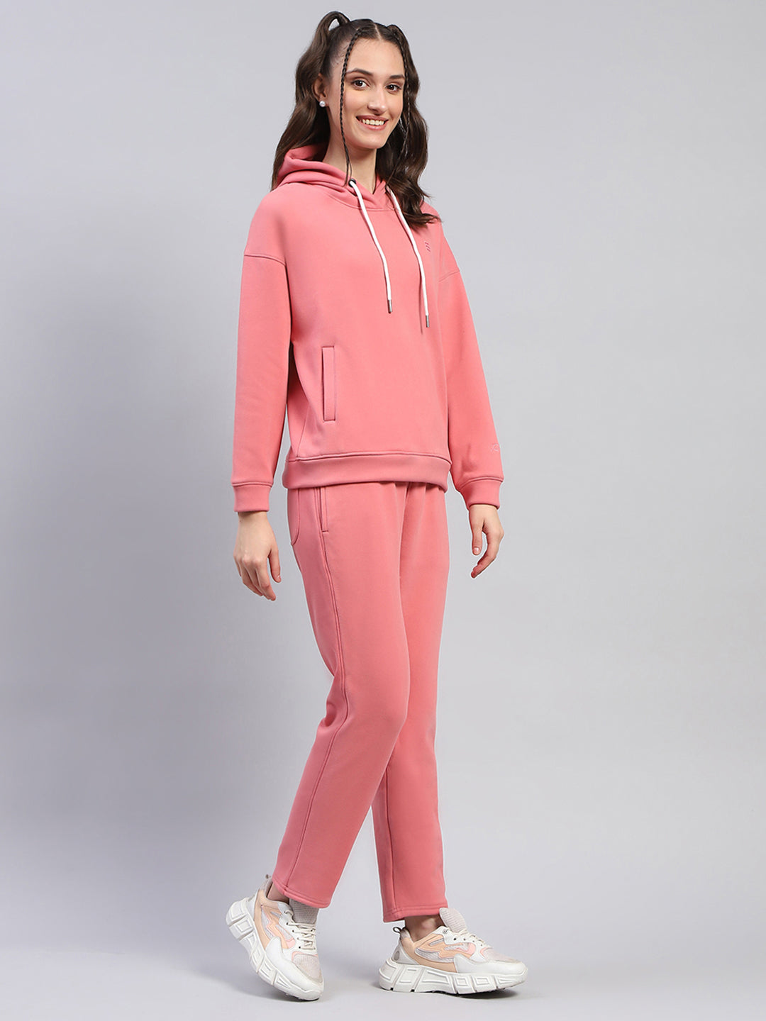 Rock.it Women Peach Solid Hooded Full Sleeve Tracksuit