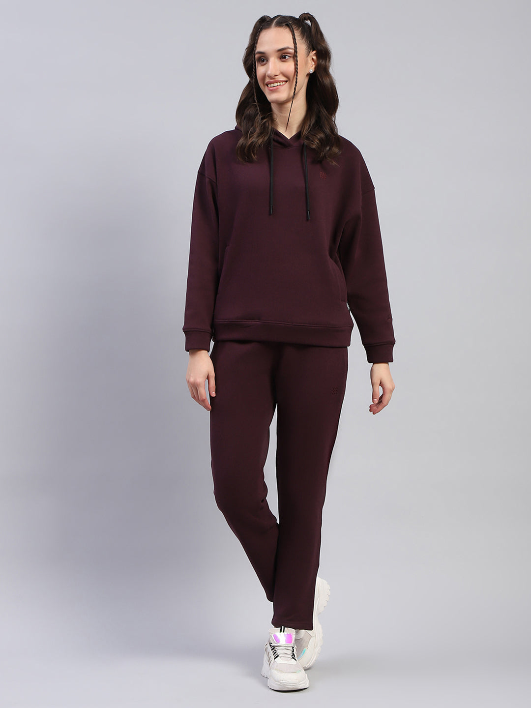 Rock.it Women Maroon Solid Hooded Full Sleeve Tracksuit