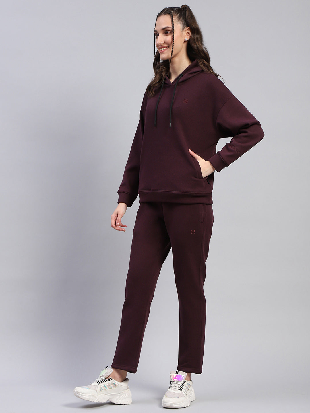 Rock.it Women Maroon Solid Hooded Full Sleeve Tracksuit