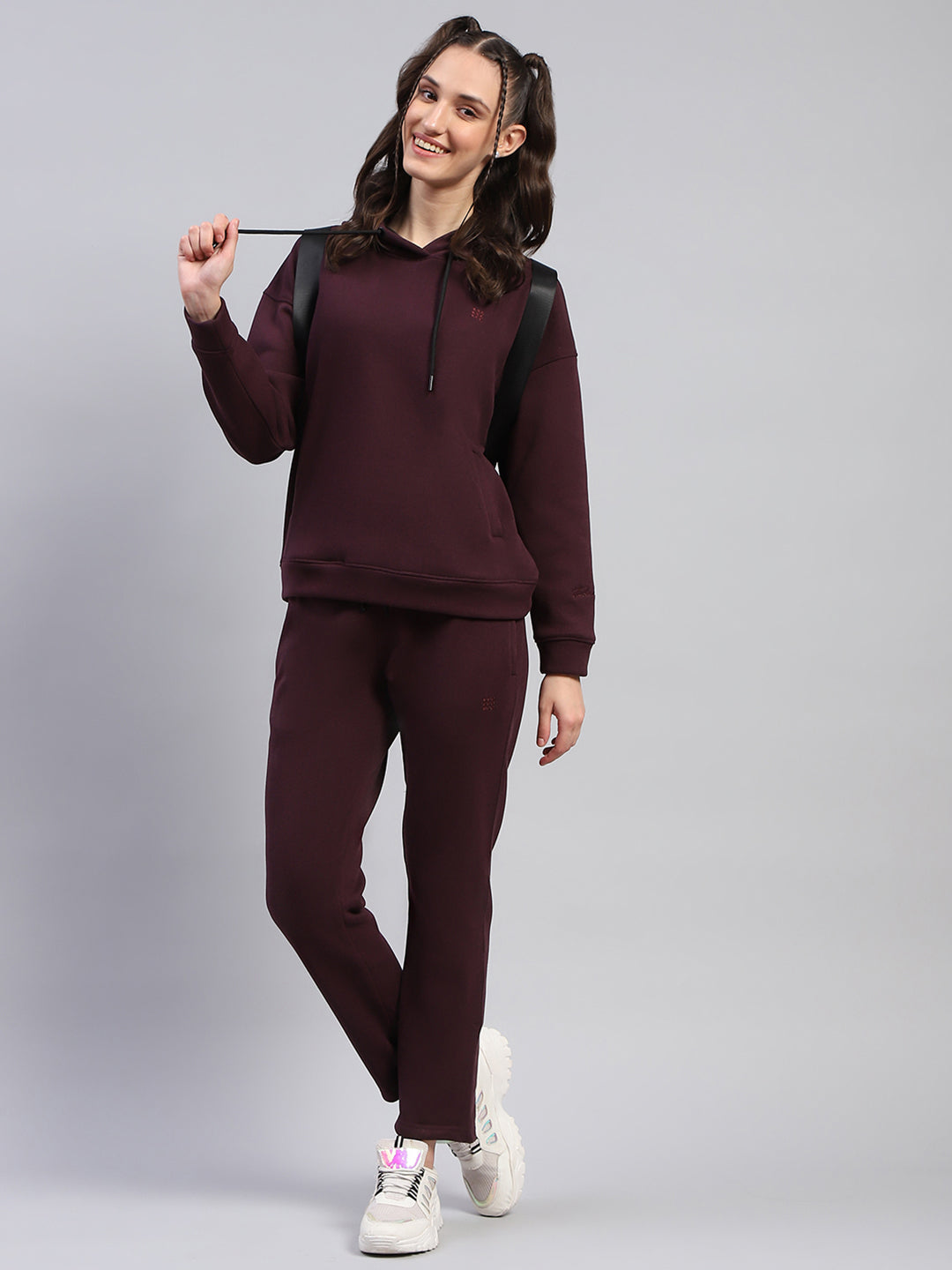 Rock.it Women Maroon Solid Hooded Full Sleeve Tracksuit